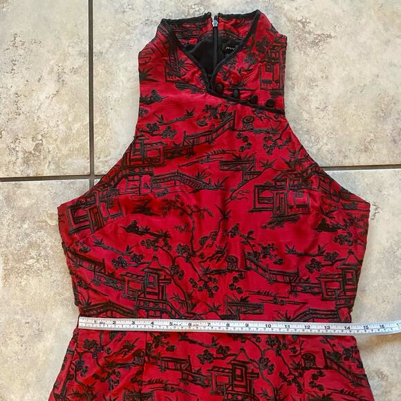 Josie Natori size 10 Silk Pagoda Embroidered Red Black Cheongsam Cocktail Dress - Picture 7 of 15